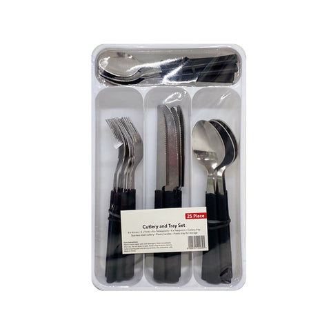 24pc Black Handle Stainless Steel Cutlery Set