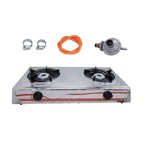 2 Plate Stainless Steel Gas Stove with Pipe and Regulator